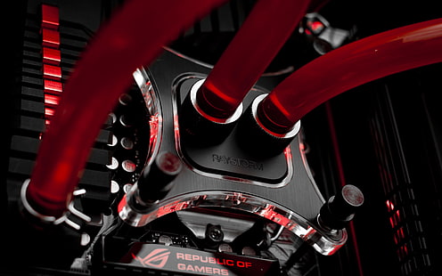 black and red ASUS ROG hydro CPU cooler, ASUS, Republic of Gamers, computer, PC gaming, water cooling, HD wallpaper HD wallpaper
