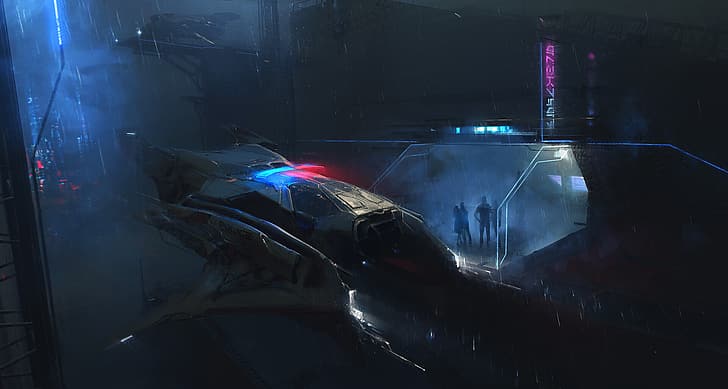 cyberpunk, coche volador, Dmitry Grishaev, futurista, letrero de neón, Fondo de pantalla HD