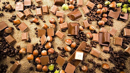 حبوب البن البني والطعام والشوكولاته والحلوى والمكسرات، خلفية HD HD wallpaper