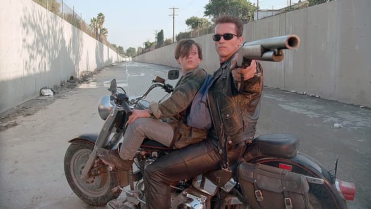 Terminator 2, movies, film stills, Arnold Schwarzenegger, Edward Furlong, actor, T-800, motorcycle, gun, Los Angeles, James Cameron, HD wallpaper
