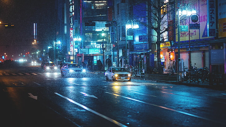 mobil putih, jalan, kota, Jepang, Wallpaper HD