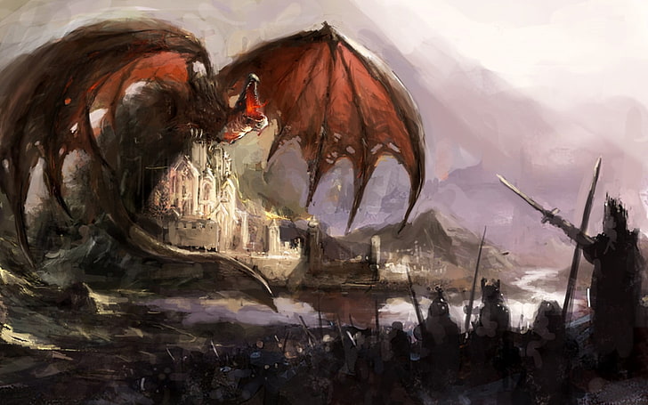 dragon illustration, dragon, castle, HD wallpaper
