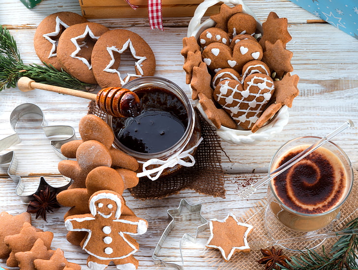 gingerbread lot, winter, food, chocolate, men, cookies, drink, stars, figures, dessert, cakes, holidays, jam, Christmas, HD wallpaper