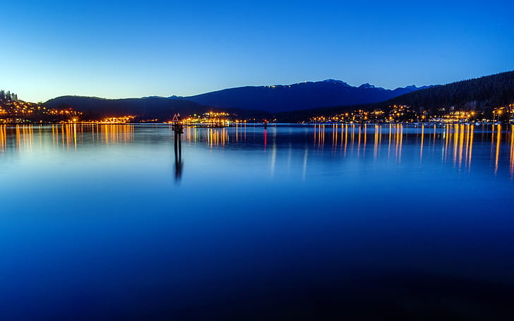 landscape, nature, evening, clear sky, calm, lake, lights, town, hills, reflection, British Columbia, Canada, HD wallpaper