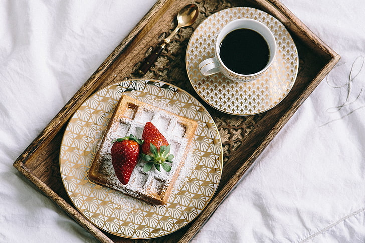 coffee, Breakfast, strawberry, waffles, HD wallpaper