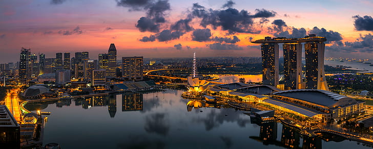 low light photographed of high-rise buildings, singapore, singapore, Dawn, Singapore, low light, photographed, high-rise buildings, Sunset, Sunrise, Cityscape, city lights, singapur, marina  bay, Water, waterfront, Reflection, beautiful, HDR Photography, fineart, Skyline, Skyscraper, Clouds, Architecture, Panorama, night, urban Skyline, asia, famous Place, dusk, river, tower, downtown District, urban Scene, city, HD wallpaper