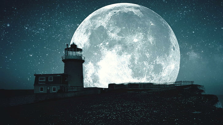灯台、満月、夜空、星空、素晴らしい、月、海岸、夜、星、空、 HDデスクトップの壁紙