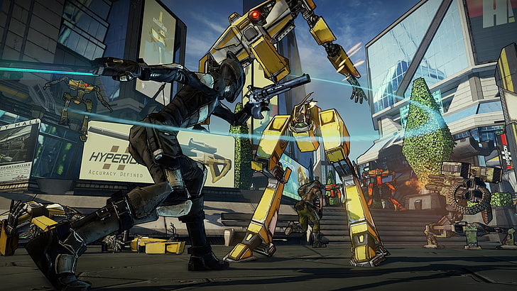 иллюстрация желтого и серого роботов, Borderlands 2, Zer0, меч, мех, ноль, робот, пулемет, HD обои