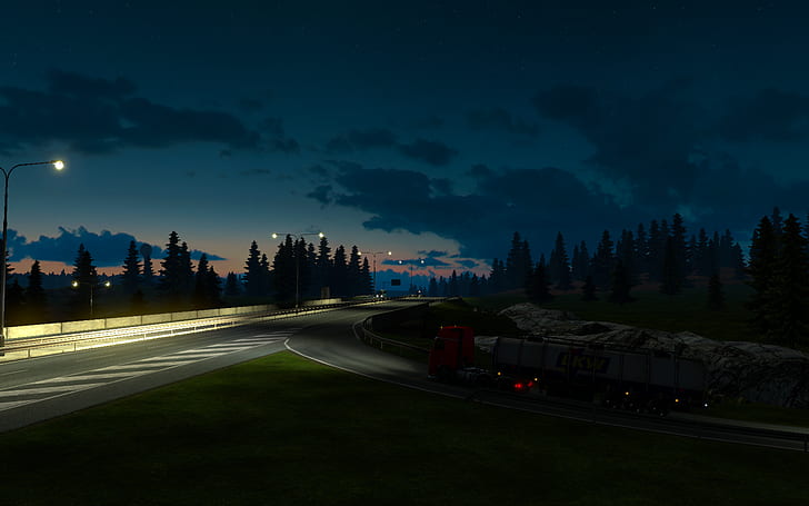 Euro Truck Simulator 2, videojuegos, noche, sol, mañana, carretera, automóvil, camiones, carga, Fondo de pantalla HD