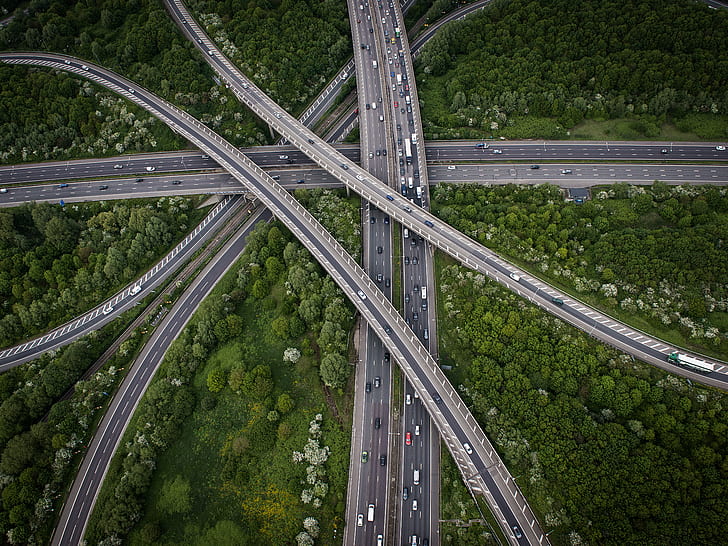 bird's eye view, crossroads, highway, overpass, viaduct, top view, traffic, drone photo, trees, HD wallpaper