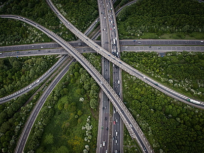 vista aérea, encruzilhada, rodovia, viaduto, viaduto, vista superior, tráfego, foto drone, árvores, HD papel de parede HD wallpaper