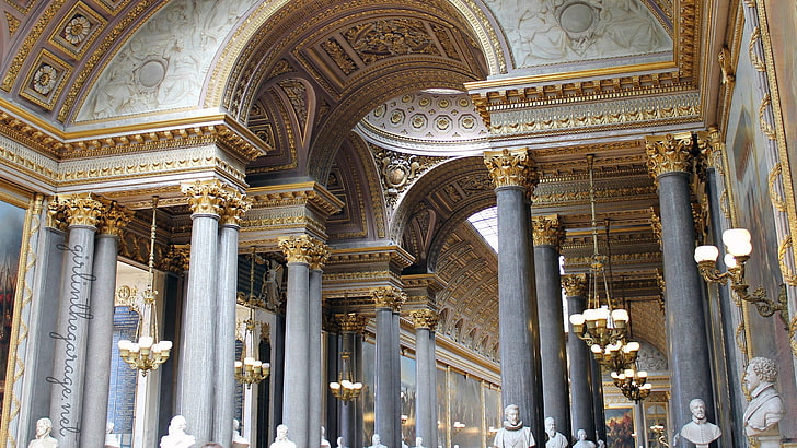 Versailles palats, kolumner, guld, marmor, Frankrike, byggnader, andra, HD tapet