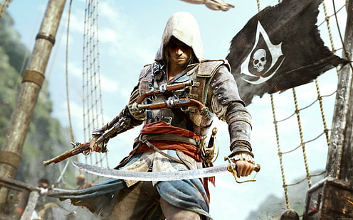 Assassin Creed 4 مع العلم الأسود ، شخصية قاتل العقيدة الذكورية ، قاتل ، عقيدة ، لعبة ، حرب ، علم ، قرصان، خلفية HD HD wallpaper