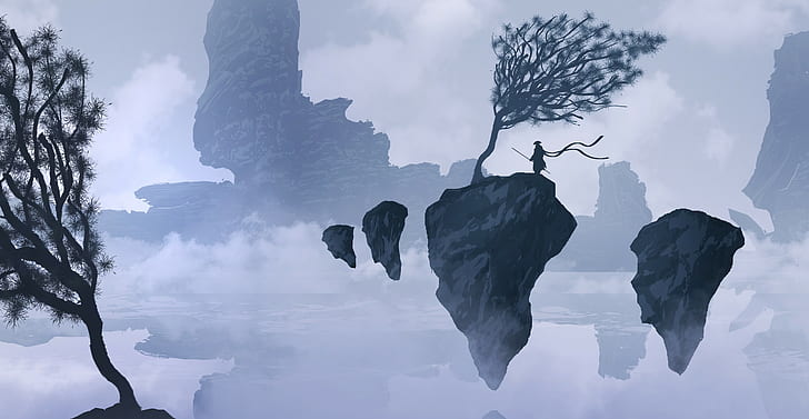 schwimmend, stein, nebel, fantasiekunst, samurai, berge, schattenbild, HD-Hintergrundbild