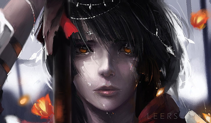 female anime character wallpaper, looking at viewer, rain, orange eyes, black hair, HD wallpaper