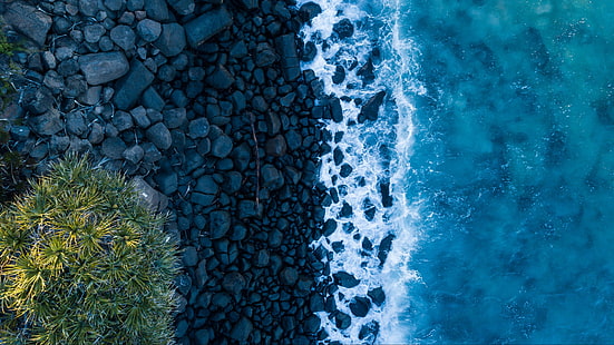 veduta aerea, fotografia di drone, spiaggia, riva, costa, mare, acqua turchese, acqua blu, mare blu, Sfondo HD HD wallpaper