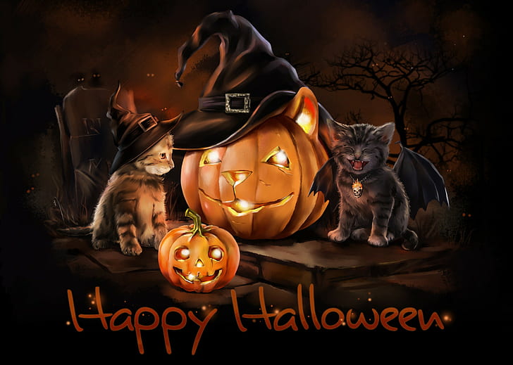 Halloween, kittens, art, hat, wings, Halloween, pumpkin, kittens, night, holiday, children's, lorri kajenn the, HD wallpaper