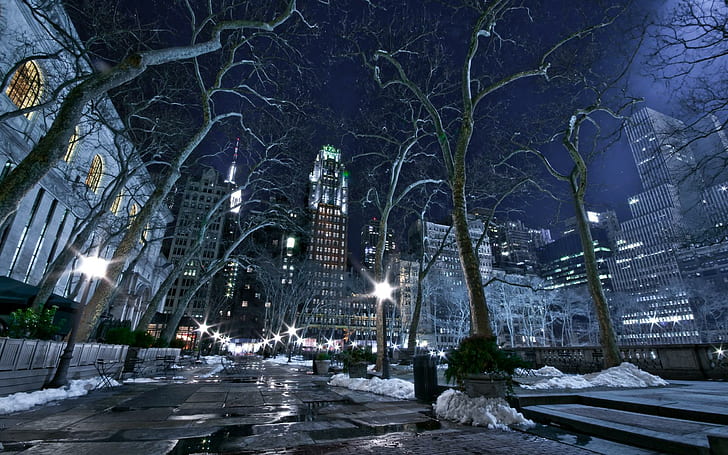 Нью-Йорк зимней ночью, огни, природа, нью-йорк, городские пейзажи, зима, ночь, природа и пейзажи, HD обои