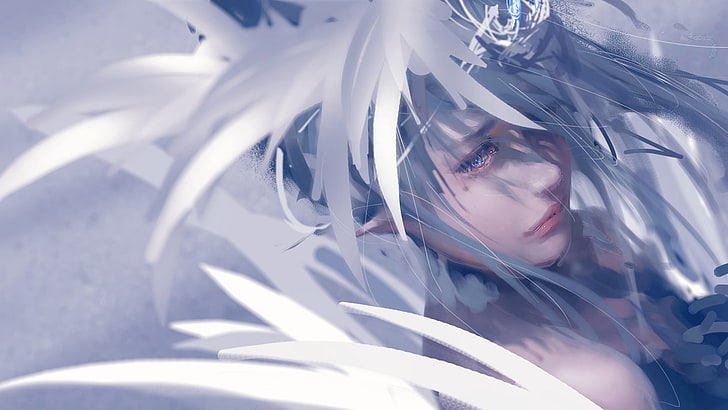 women's white top, WLOP, feathers, blue eyes, crown, HD wallpaper