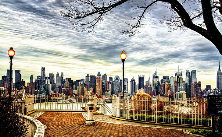 arquitetura, construção, cidade de Nova York, EUA, arranha céu, paisagem urbana, luz da rua, árvores, água, nuvens, HD papel de parede