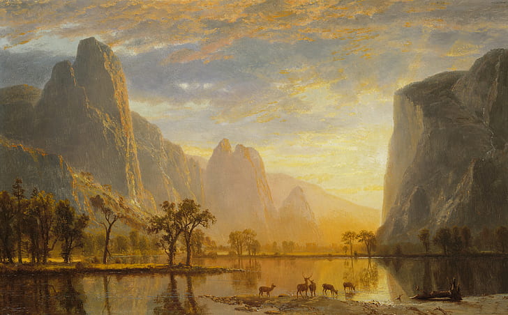 animals, landscape, mountains, lake, picture, Yosemite Valley, Albert Bierstadt, HD wallpaper