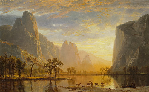 животные, пейзаж, горы, озеро, картина, Йосемитская долина, Альберт Бирштадт, HD обои HD wallpaper