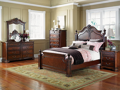 набор мебели для спальни из коричневого дерева, 4 предмета, интерьер, стиль, дизайн, дом, вилла, коттедж, гостиная, спальня, HD обои HD wallpaper