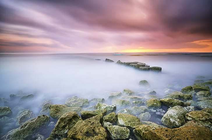pietre, oceano, alba, estratto, Bali, Indonesia, Sanur, Sunrise Beach, Sfondo HD