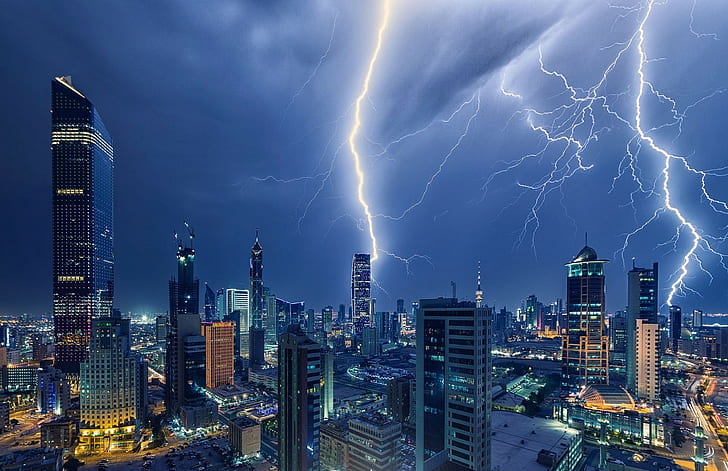建築、建物、クウェートシティ、風景、雷、ライト、夜、写真、超高層ビル、嵐、 HDデスクトップの壁紙