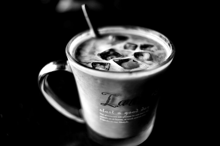 black and white, breakfast, caffeine, close up, coffee, cup, dark, drink, food, glass, ice, ice coffee, ice cubes, liquid, milk, reflection, still life, HD wallpaper