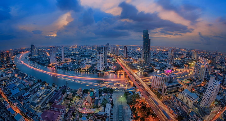 night, the city, lights, river, Thailand, Bangkok, HD wallpaper