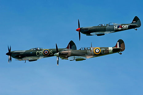 Spitfire Trio, supermarine, เครื่องบิน, พ่นไฟ, wwii, เครื่องบิน, อังกฤษ, เครื่องบินรบ, เครื่องบินเครื่องบิน, วอลล์เปเปอร์ HD HD wallpaper
