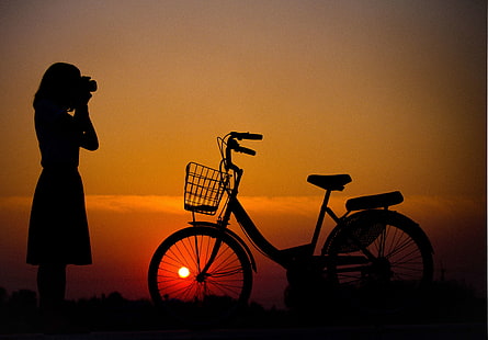 äventyr, Asien, bakgrundsbelyst, cykel, cykel, cyklist, kamera, kultur, söt, cyklist, gryning, skymning, kväll, flicka, utomhus, person, fotograf, silhuett, sommar, sol, solnedgång, turné, transportsystem, resa, kvinna, HD tapet HD wallpaper
