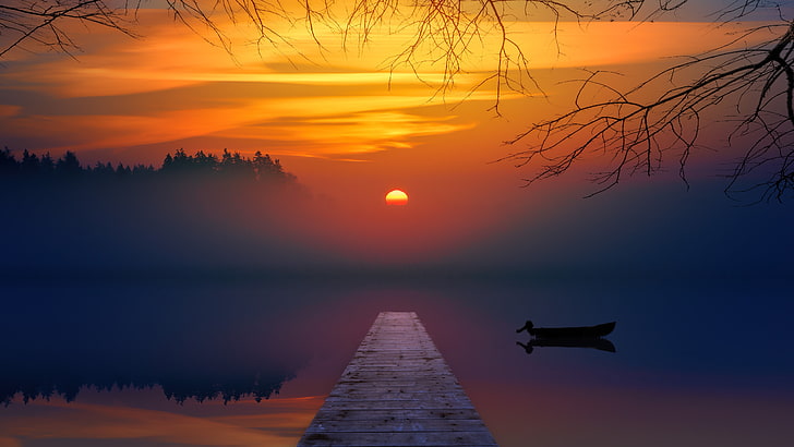 brązowy drewniany pomost, zachód słońca, kolorowe, jezioro, mgła, porty, Johannes Plenio, Tapety HD