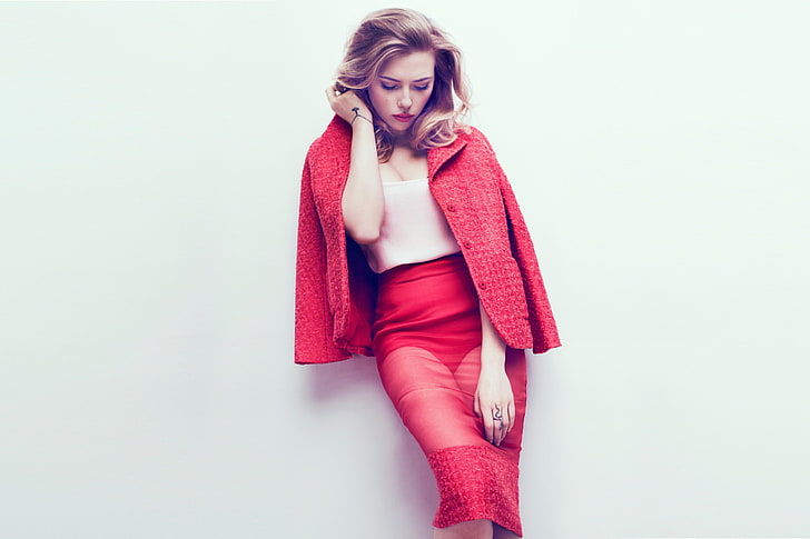 women's red skirt, Scarlett Johansson, journal, photoshoot, Marie Claire, HD wallpaper