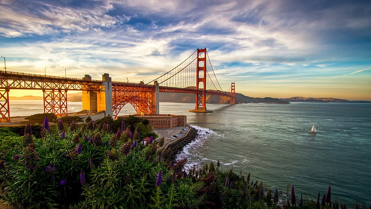 جسر البوابة الذهبية ، الجسر ، البحر ، الهندسة المعمارية ، السحب ، المناظر الطبيعية ، خليج سان فرانسيسكو، خلفية HD