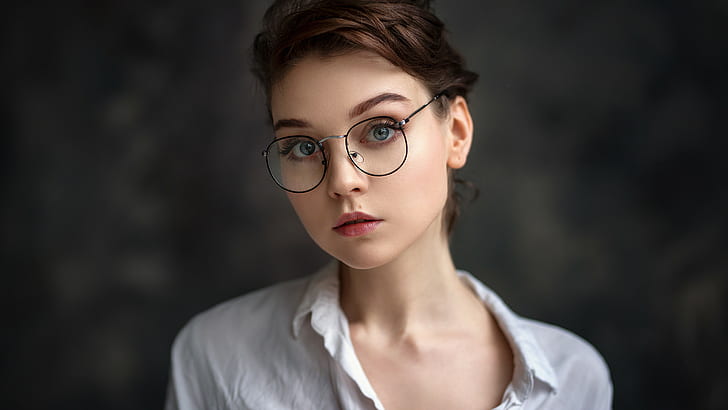 women with glasses, depth of field, Olya Pushkina, face, portrait, women, HD wallpaper