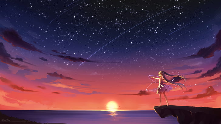 barefoot, anime girl, blonde, night sky, stars, starry sky, shooting star, astronomy, sea, shore, sunset, dusk, evening, starry, HD wallpaper