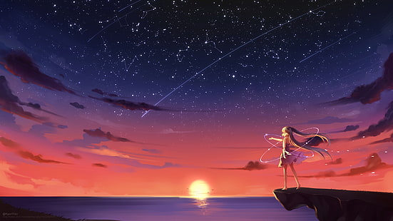 barefoot, anime girl, blonde, night sky, stars, starry sky, shooting star, astronomy, sea, shore, sunset, dusk, evening, starry, HD wallpaper HD wallpaper
