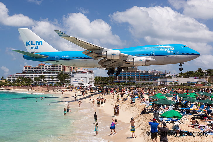 Uçaklar, Boeing 747, Uçak, Maho Plajı, Saint Martin, HD masaüstü duvar kağıdı