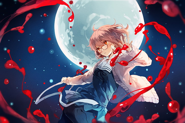 blood, anime girls, glasses, Kyoukai no Kanata, Kuriyama Mirai, HD wallpaper