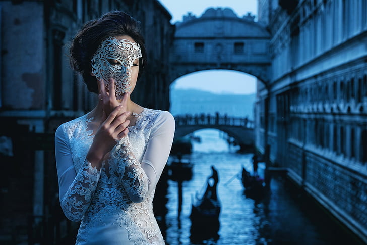 venetian masks, mask, women, model, Venice, HD wallpaper