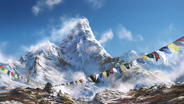 Снежная гора в дневное время, Молитвенные флаги, Гималаи, HD, HD обои