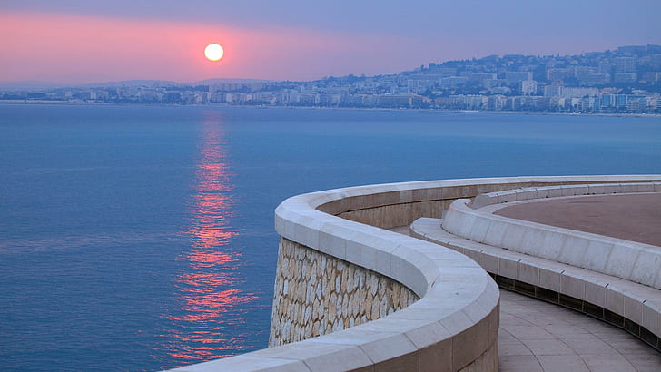 Coucher de soleil sur la Côte d'Azur, front de mer, promenade, ville, coucher de soleil, nature et paysages, Fond d'écran HD
