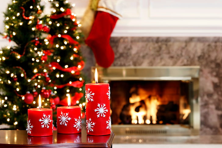 Happy New Year, candles, Merry Christmas, Happy New Year, Holiday, candles, fireplace, fire, tree, decorations, lights, HD wallpaper