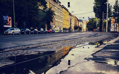 Street Reflection HD Wallpaper, silver car, Artistic, Urban, rain, city, street, reflection, HD wallpaper HD wallpaper