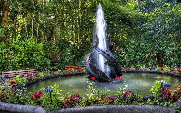 Statue in the fountain, grey round concrete fountain, nature, 2560x1600, statue, fish, tree, park, fountain, HD wallpaper