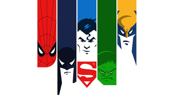 foto primo piano della carta da parati grafica DC Justice League, supereroi, Spider-Man, Batman, Superman, Hulk, Wolverine, Minimal, 4K, Sfondo HD