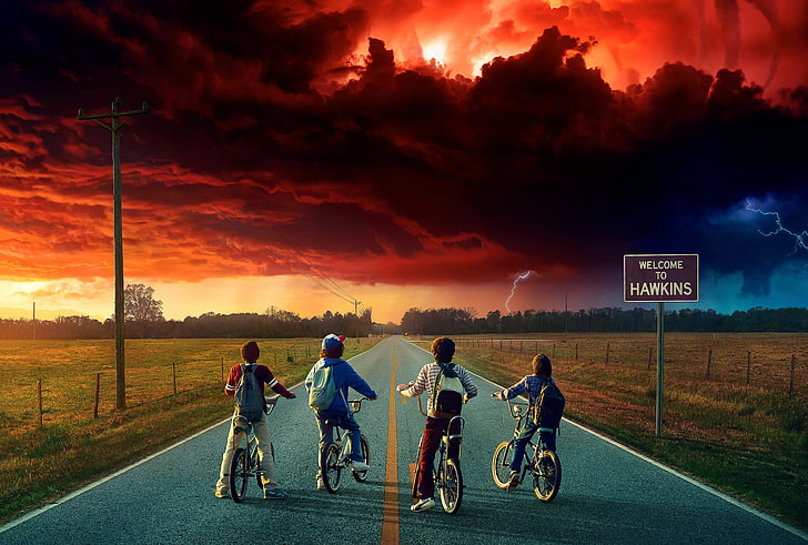 Stranger Things, Netflix, nuvole, biciclette, bambini, serie tv, Sfondo HD