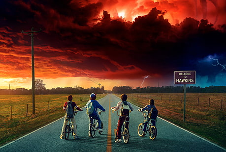 Stranger Things, Netflix, clouds, bicycle, children, tv series, HD wallpaper HD wallpaper